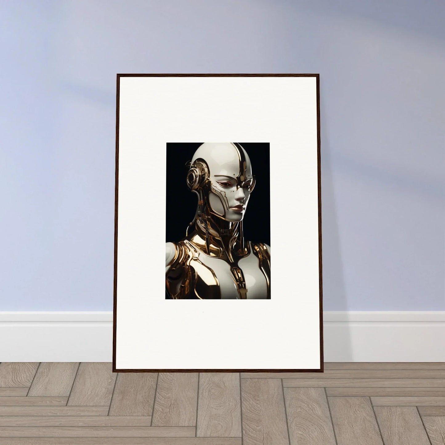 Framed wall art of a humanoid robot in Gilded Robotic Reverie for unique room decor