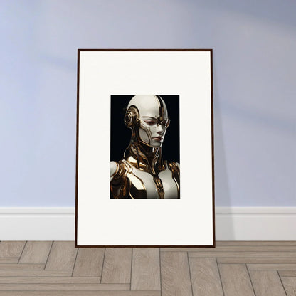 Framed wall art of a humanoid robot in Gilded Robotic Reverie for unique room decor