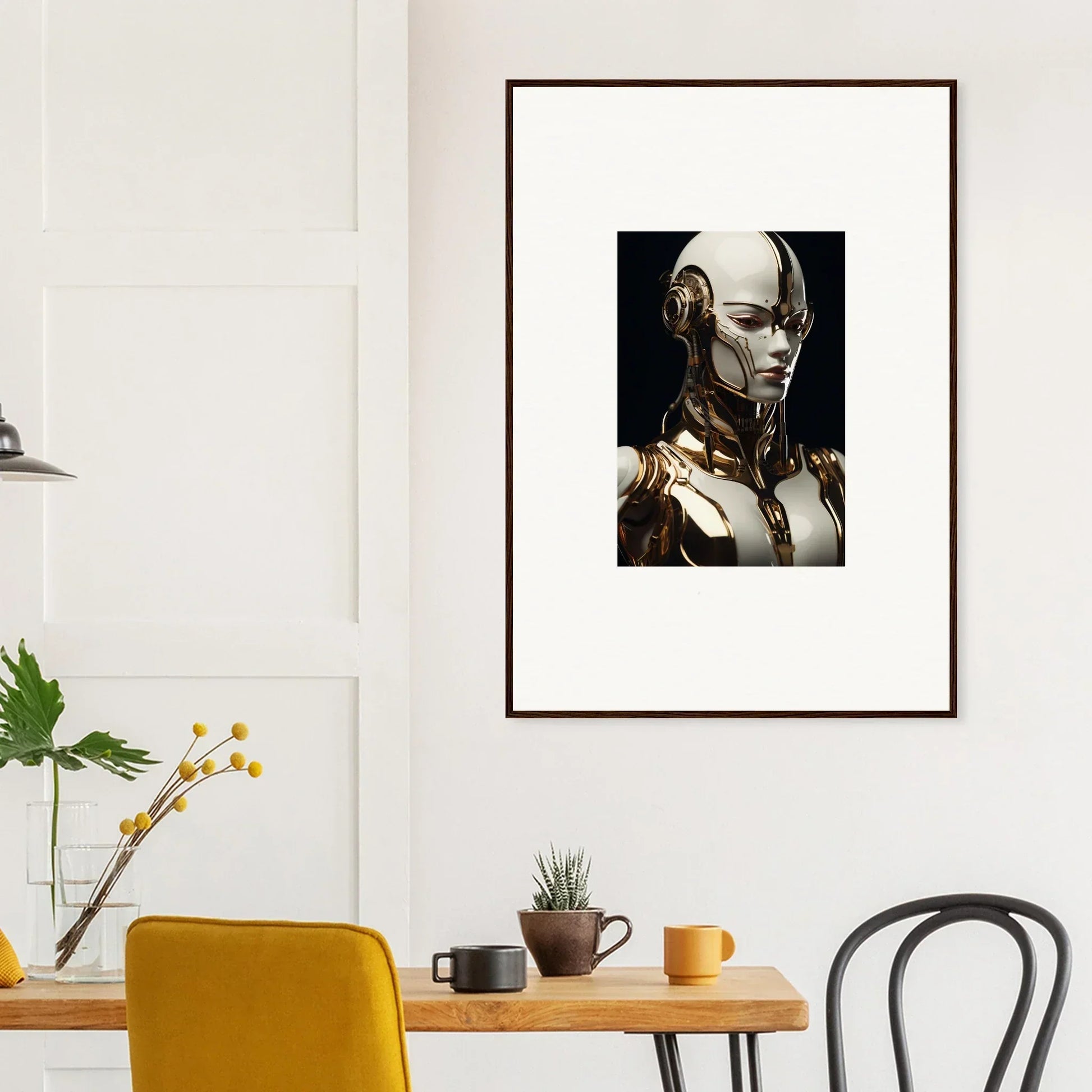 Framed wall art of a futuristic robotic reverie against a dark background