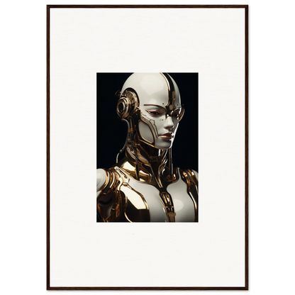 Futuristic humanoid robot in gold and white as framed wall art for robotic reverie room decor