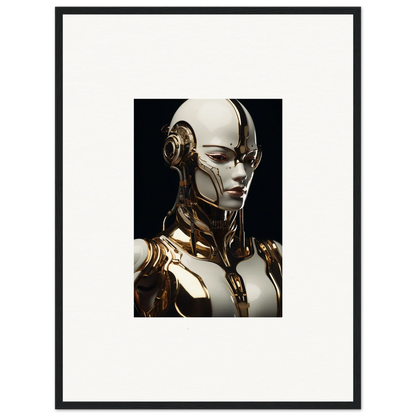 Futuristic humanoid robot with gold and white components for robotic reverie wall art