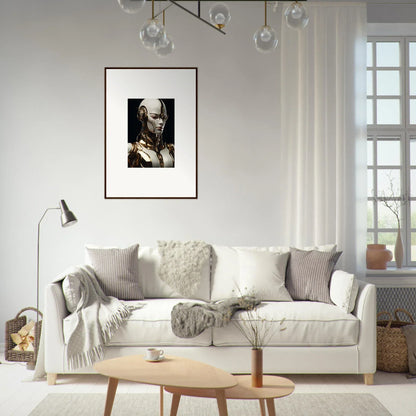 White sofa with gray and white pillows enhances Gilded Robotic Reverie room decor