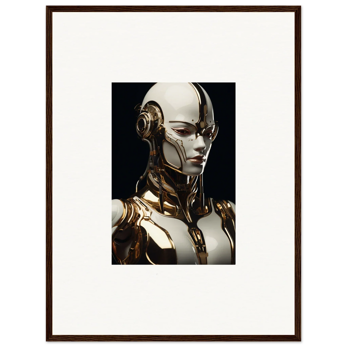 Futuristic humanoid robot with gold and white components for Robotic Reverie wall art