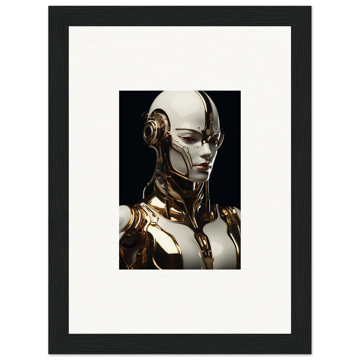 Futuristic humanoid robot with gold and white components for Gilded Robotic Reverie wall art