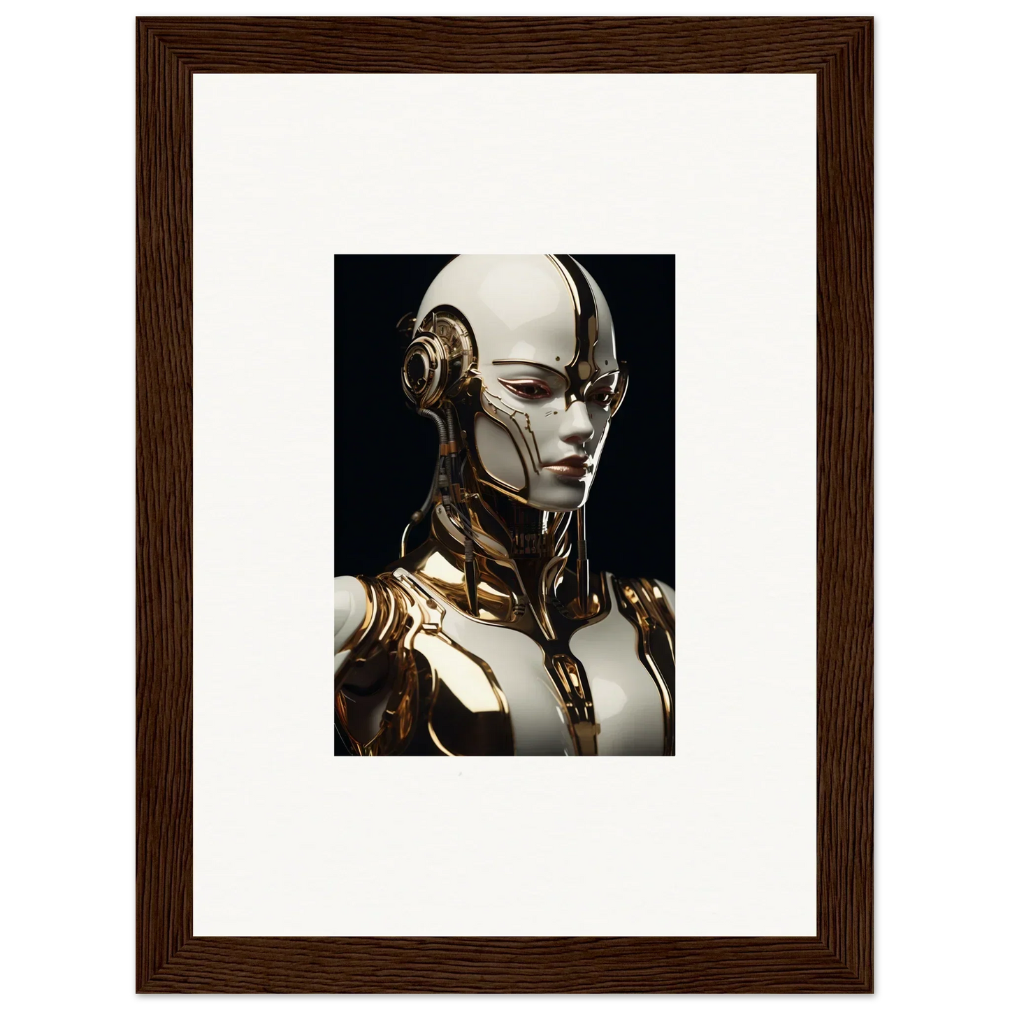 Futuristic humanoid robot with gold and white features for robotic reverie room decor