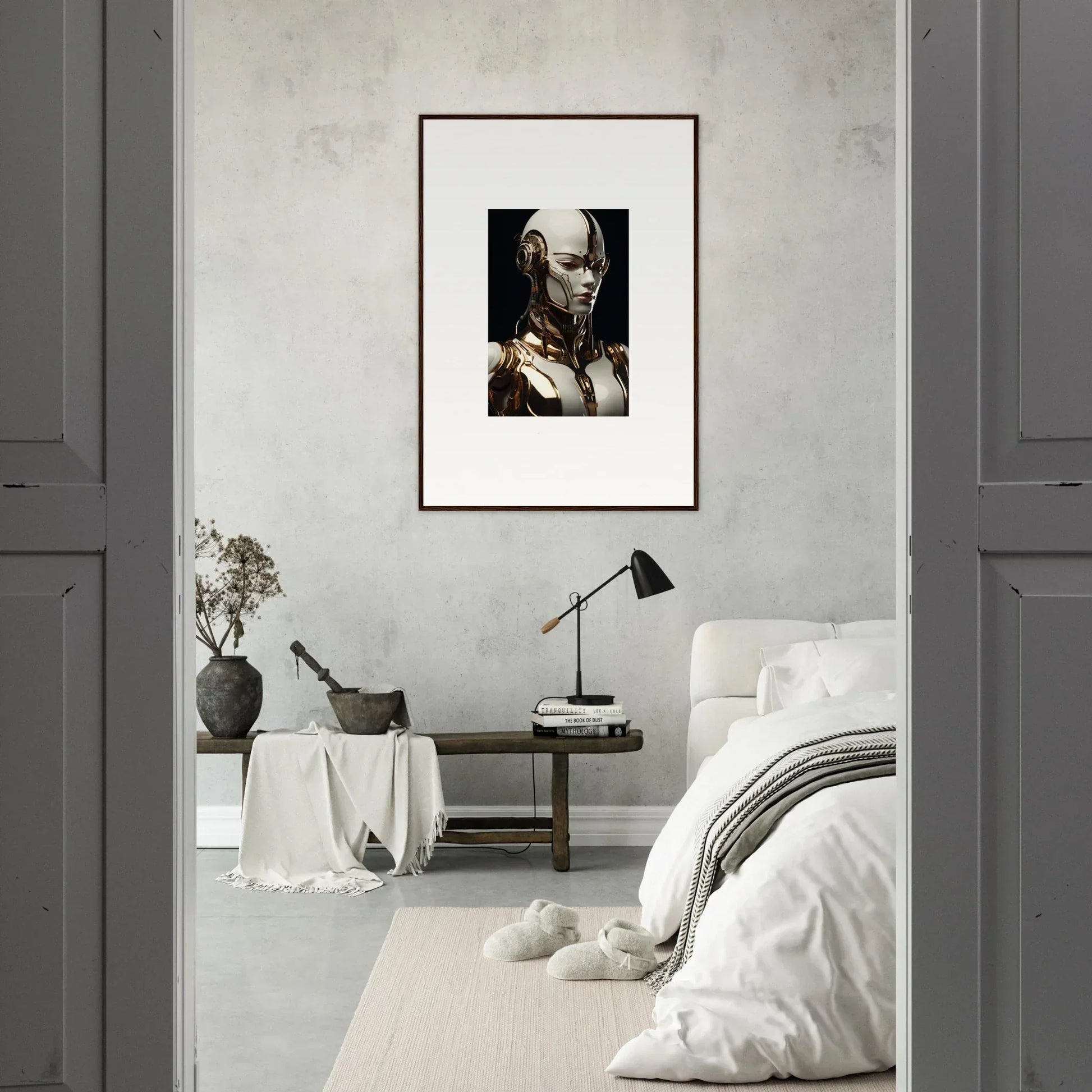 Framed black and white portrait as stylish room decor in Robotic Reverie theme