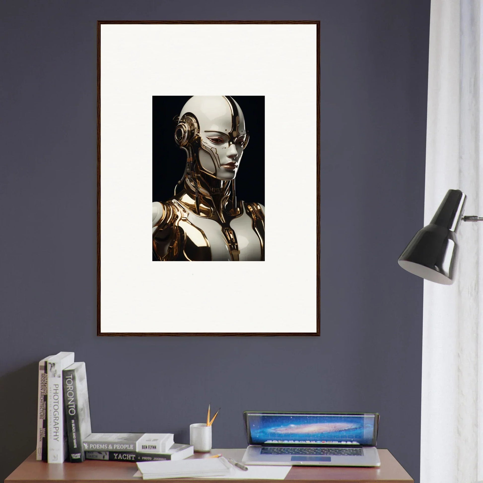 Framed wall art of a futuristic robotic face for striking room decor in Robotic Reverie