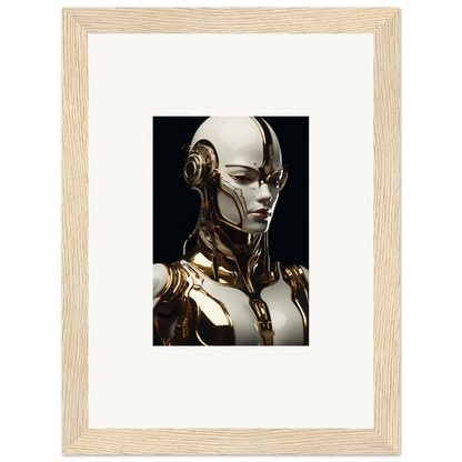 Futuristic humanoid robot in Gilded Robotic Reverie framed wall art for unique room decor