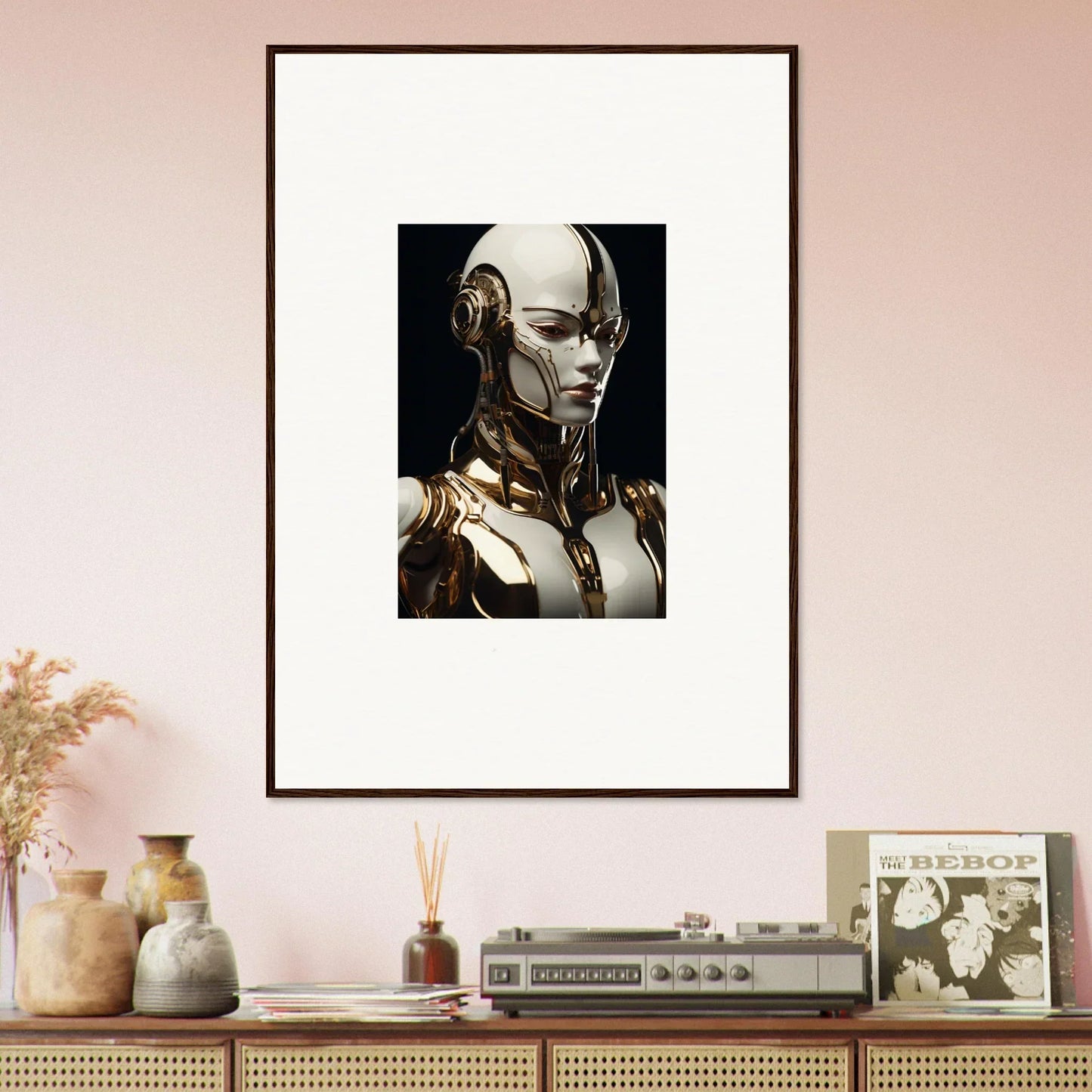 Framed wall art of a futuristic humanoid robot head for unique room decor