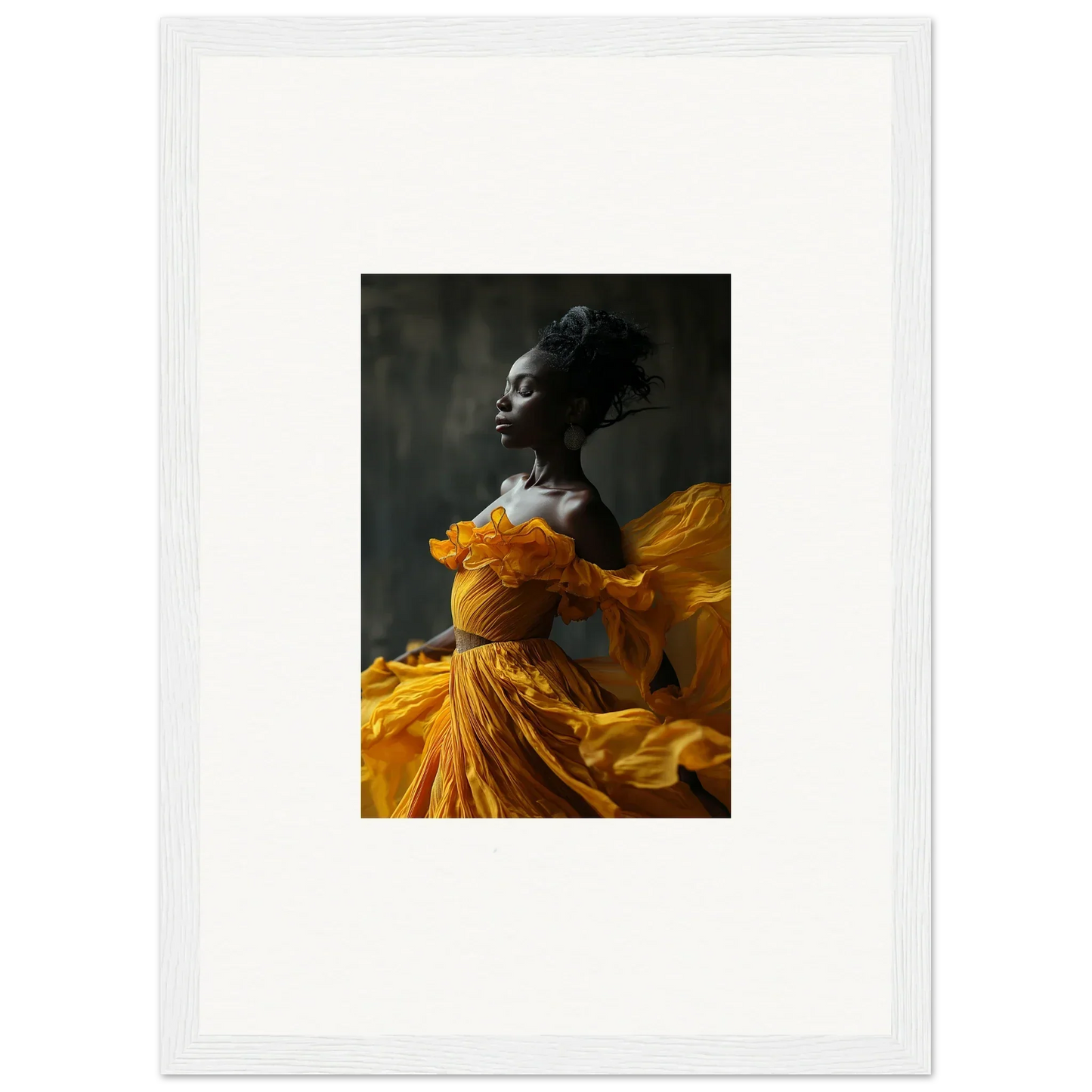 Striking portrait of a person in a yellow dress for Silence Rapture framed wall art