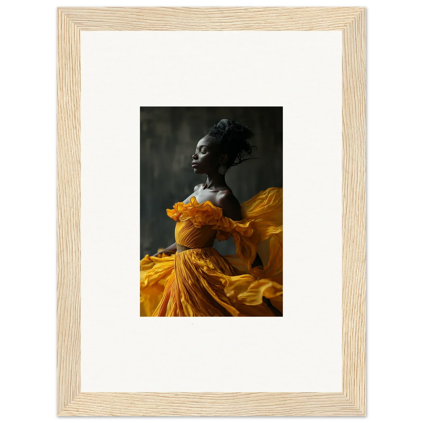 Framed wall art of a person in a yellow dress, enhancing room decor with Silence Rapture