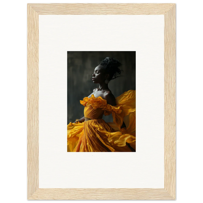 Framed wall art of a person in a yellow dress, enhancing room decor with Silence Rapture