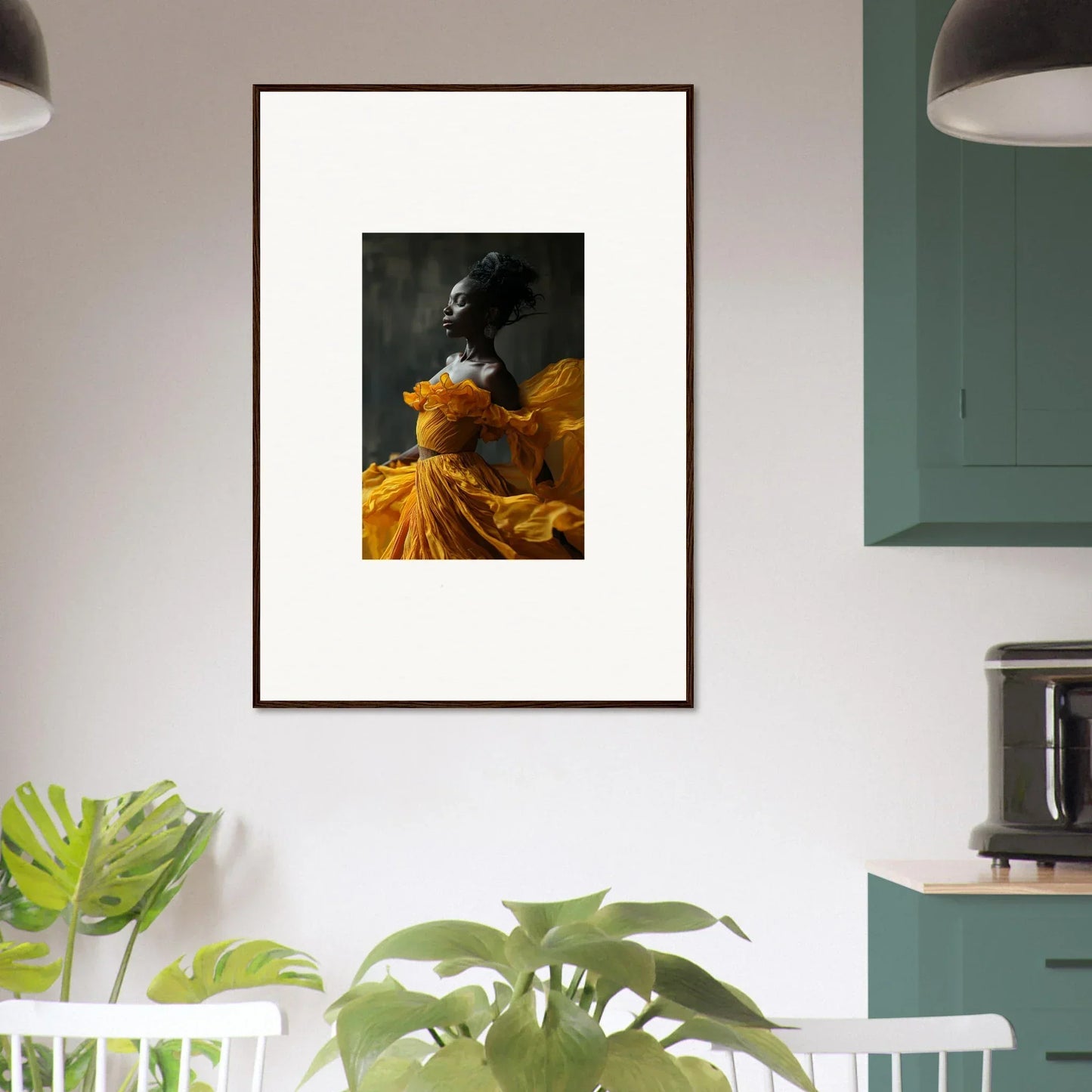 Framed wall art of a figure in a yellow dress, perfect for Silence Rapture room decor