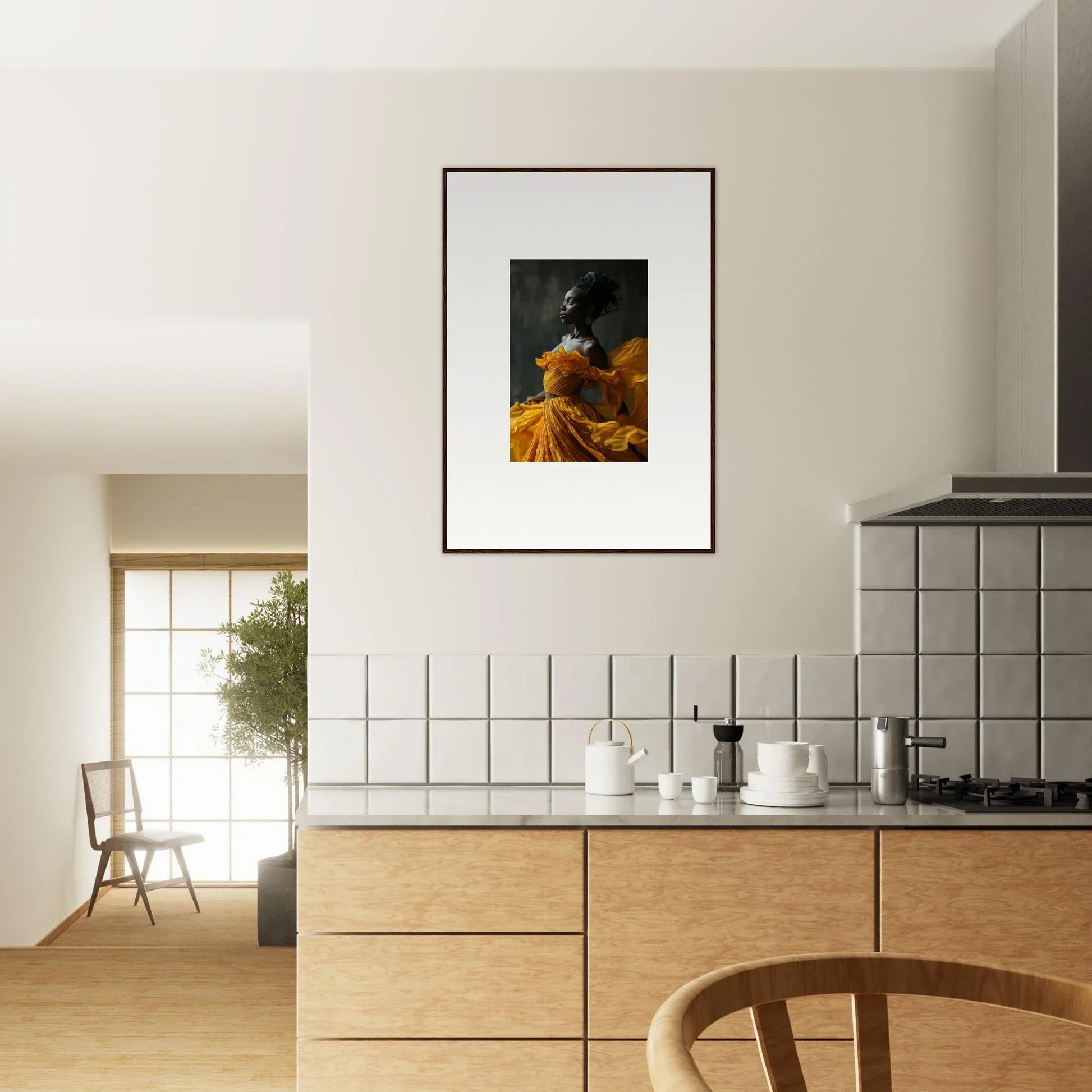 Framed wall art of a figure in a yellow dress, enhancing room decor and silence rapture