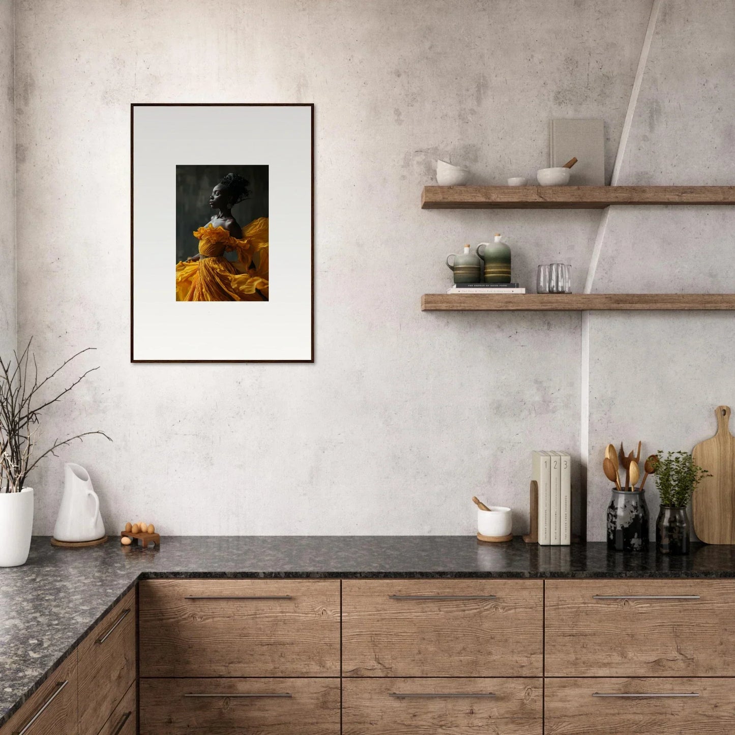 Framed wall art featuring a figure in a yellow dress, perfect for silence rapture room decor