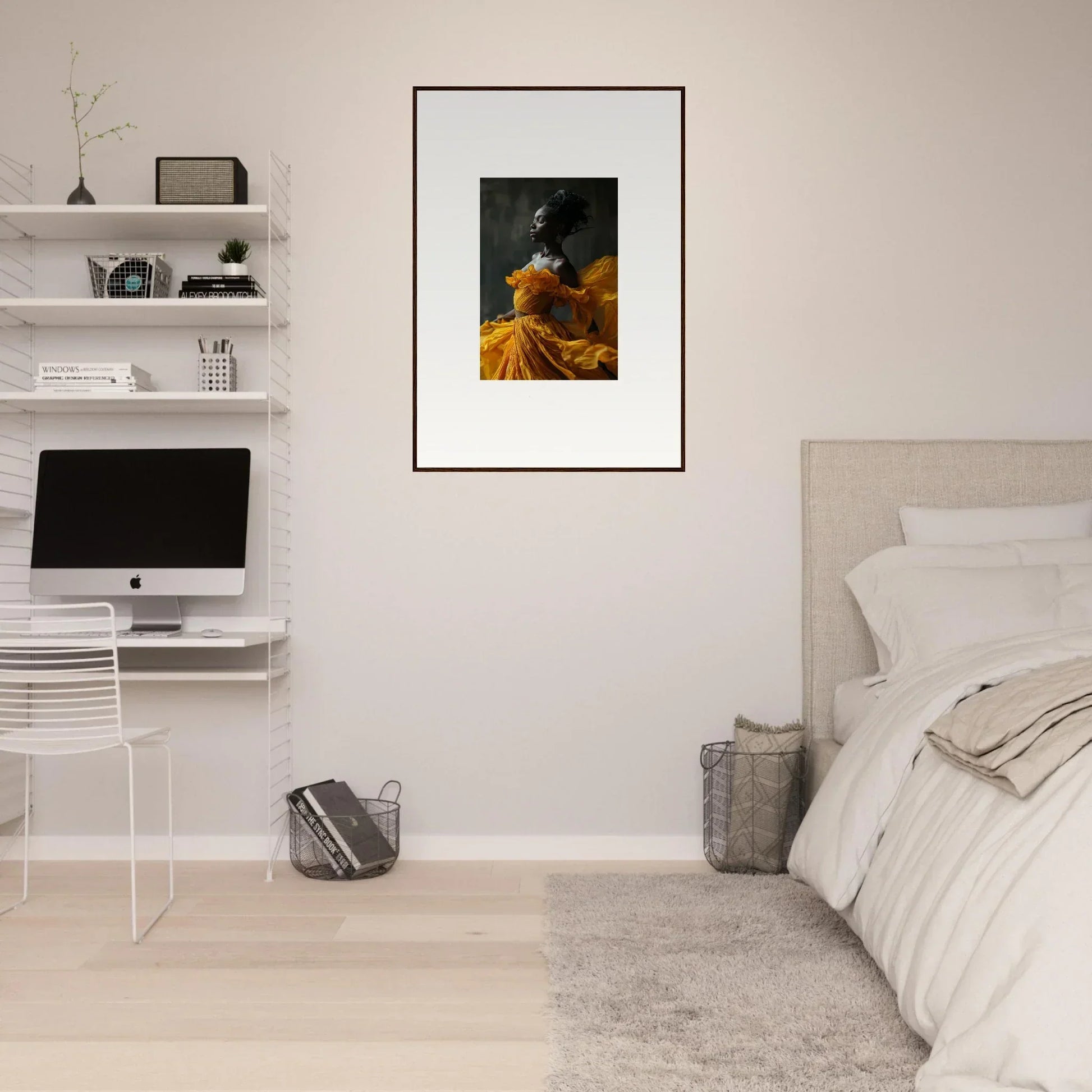 Framed wall art of a figure in a yellow dress, capturing Silence Rapture for room decor