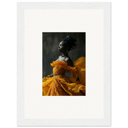 Portrait of a person in a vibrant yellow dress, ideal for Silence Rapture wall art