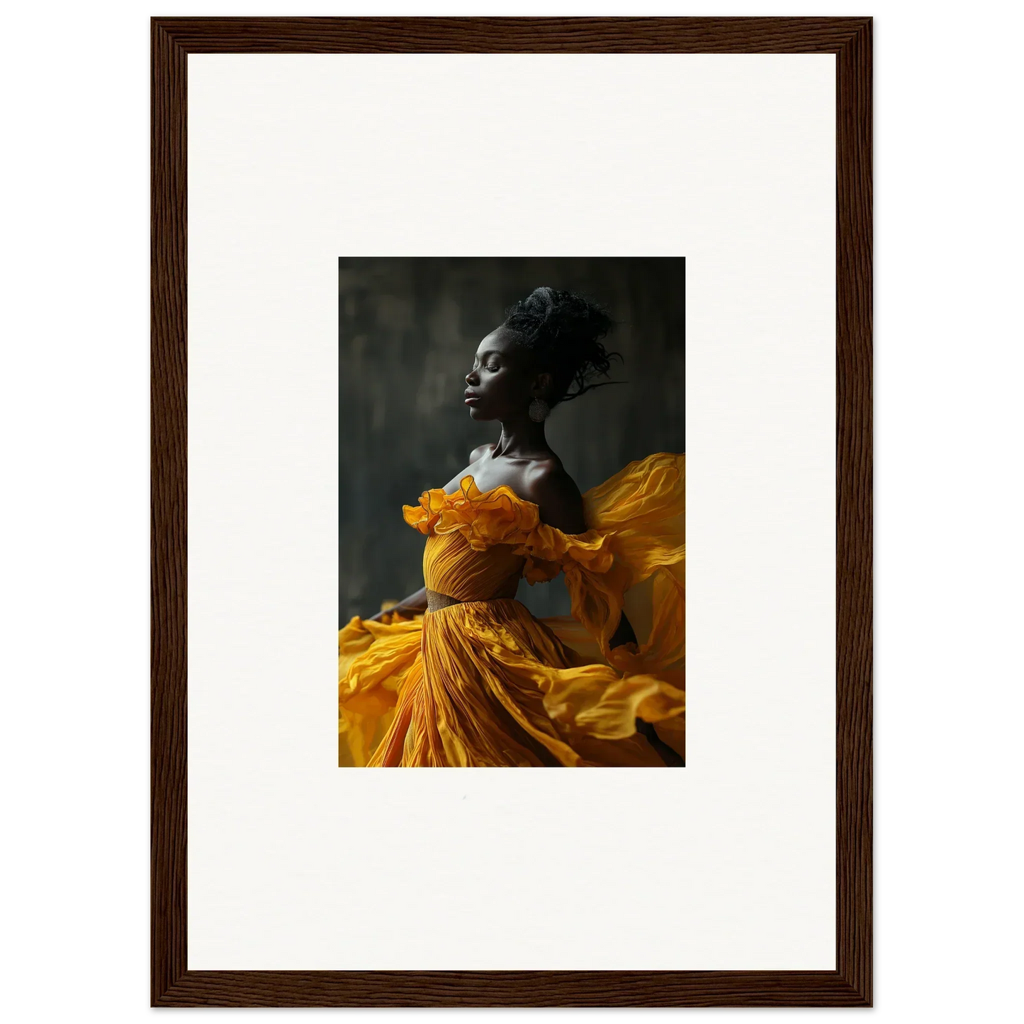 Framed wall art featuring a person in a yellow dress, embodying Silence Rapture