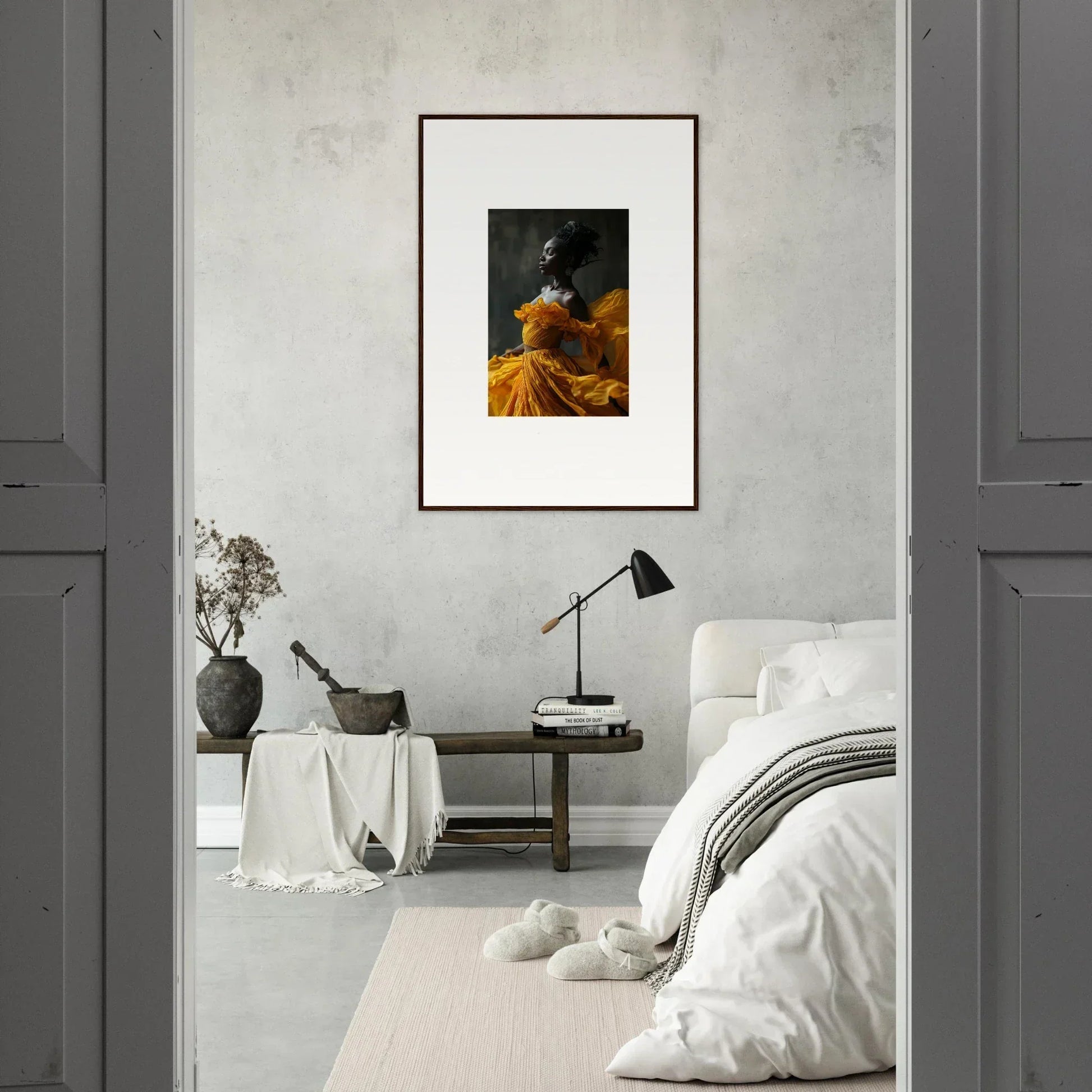 Framed wall art of a figure in yellow-orange dress, perfect for Silence Rapture room decor