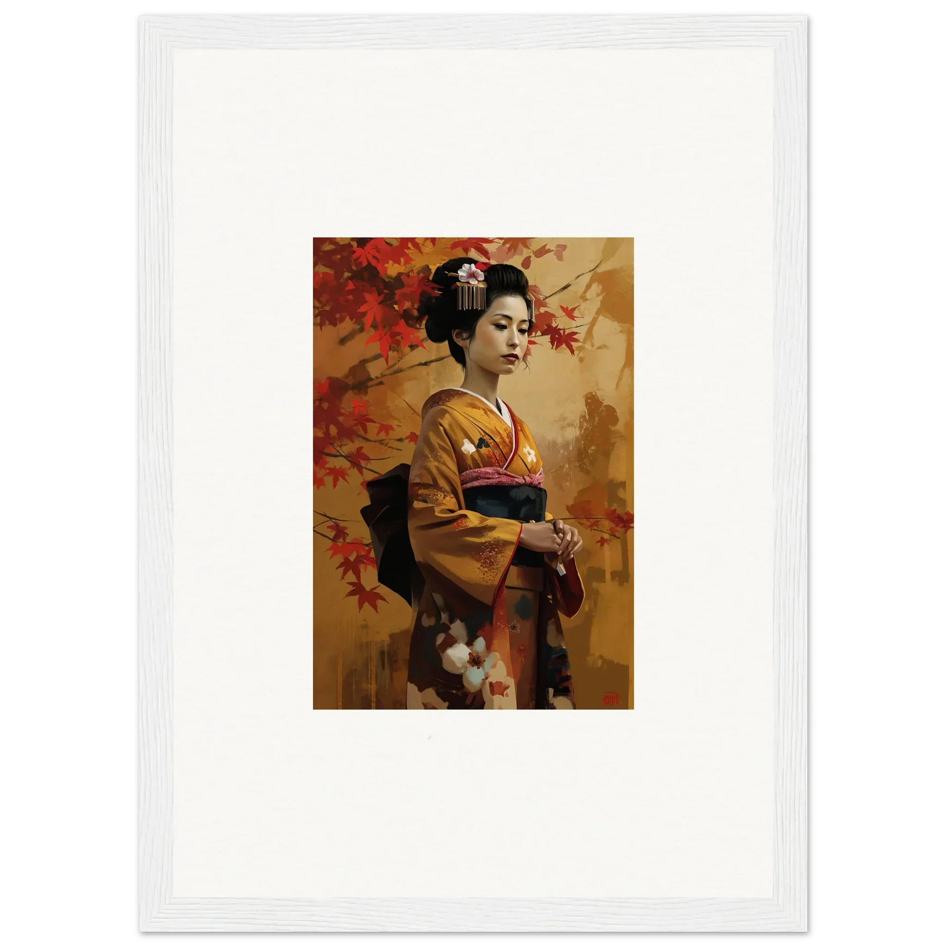 Framed artwork of a figure in a kimono with autumn leaves, perfect for Gingko Dreams Unfold