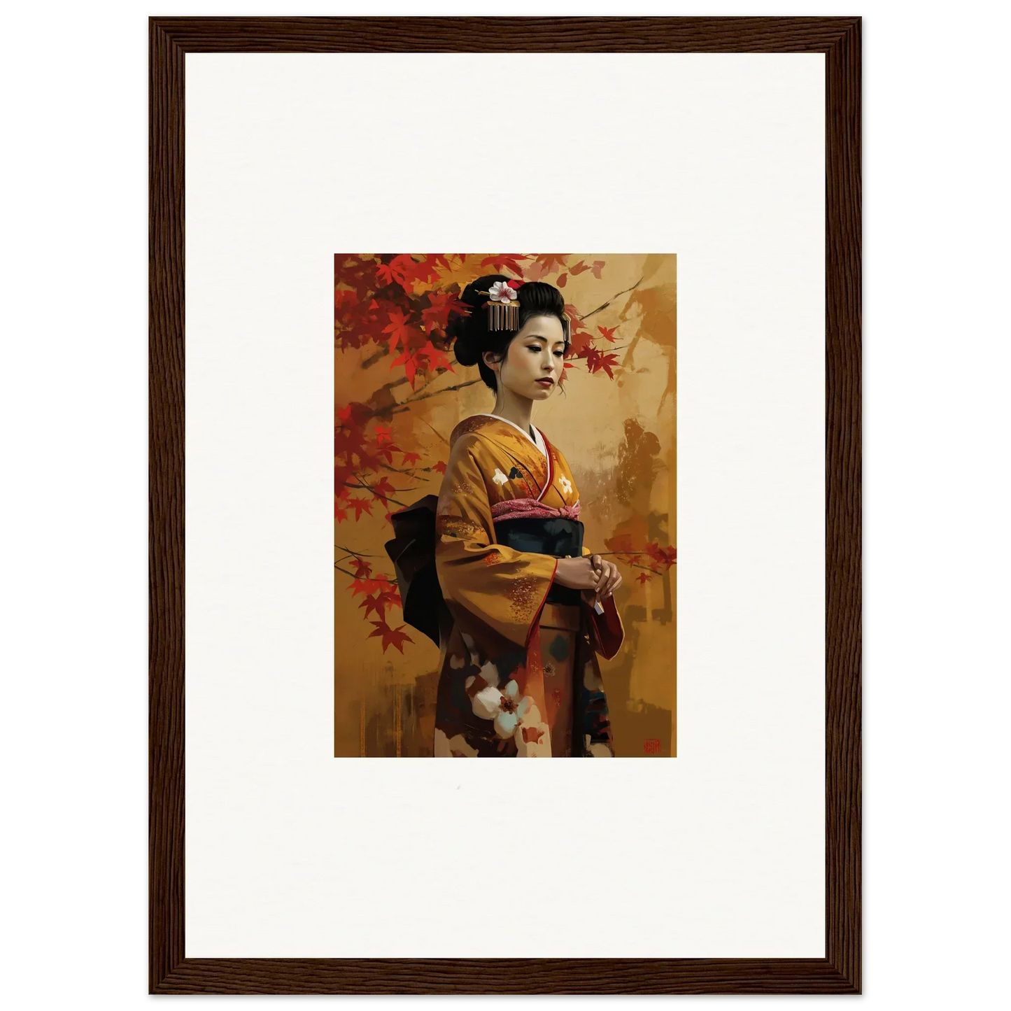 Framed artwork of a geisha in a golden kimono for Gingko Dreams Unfold collection