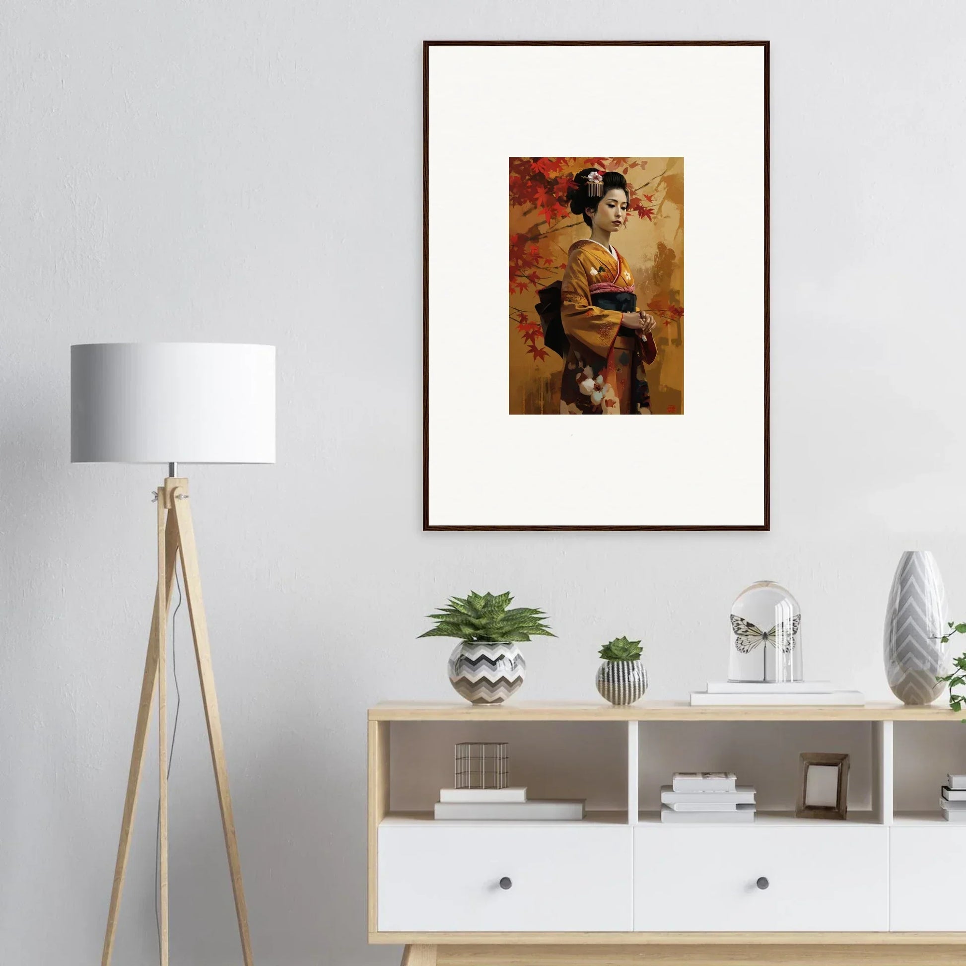 Framed artwork of a geisha in premium wall art from Gingko Dreams Unfold collection