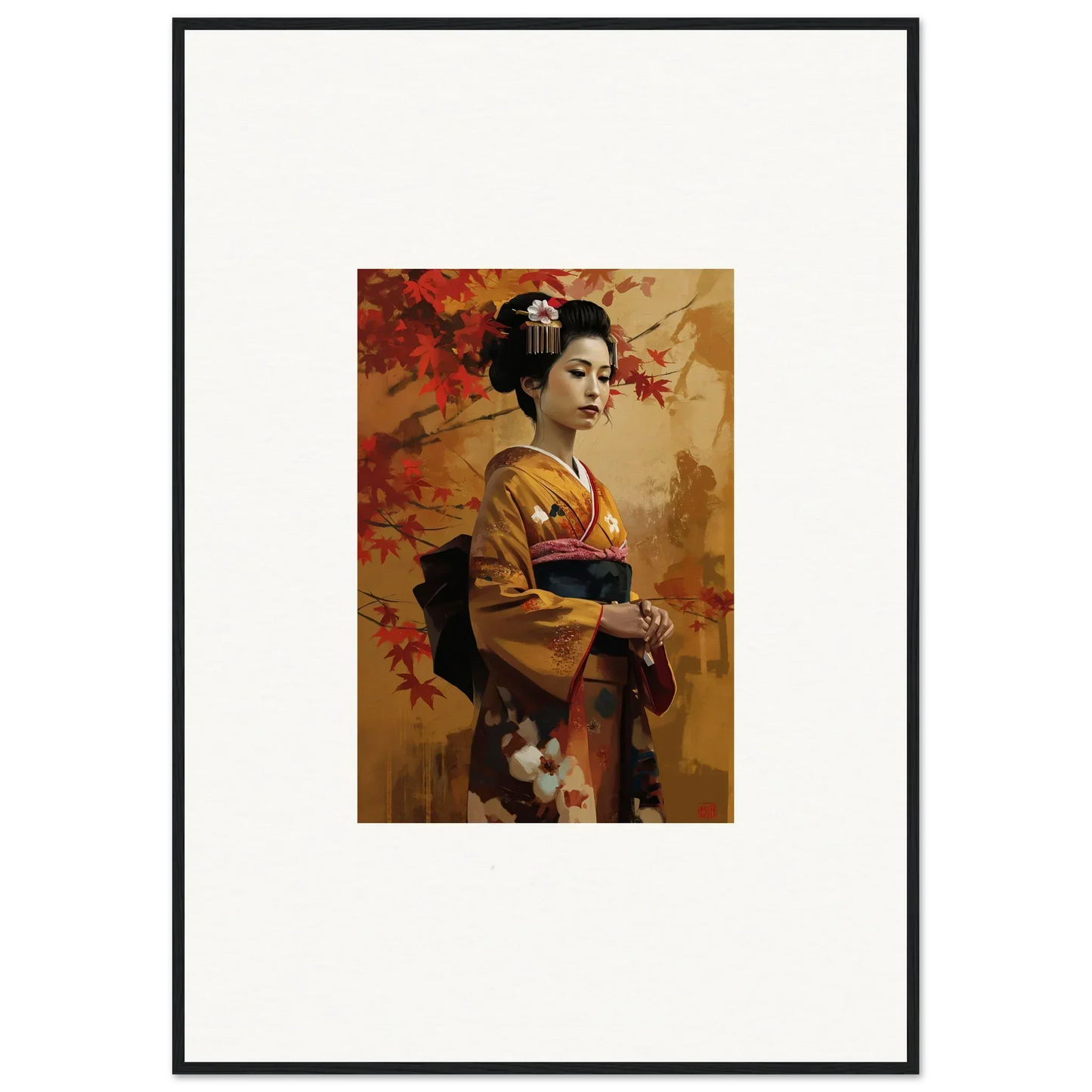 Framed Gingko Dreams Unfold wall art of a geisha in a golden kimono with autumn leaves