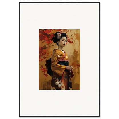 Framed Gingko Dreams Unfold wall art of a geisha in a golden kimono with autumn leaves