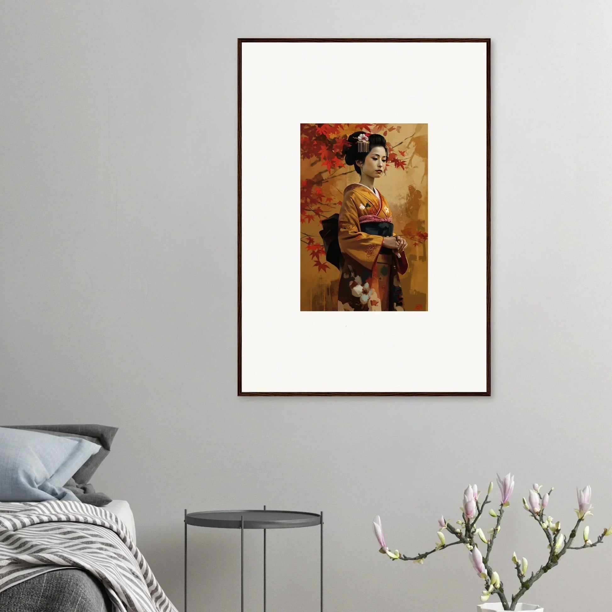 Framed premium wall art of a geisha in autumn colors from Gingko Dreams Unfold