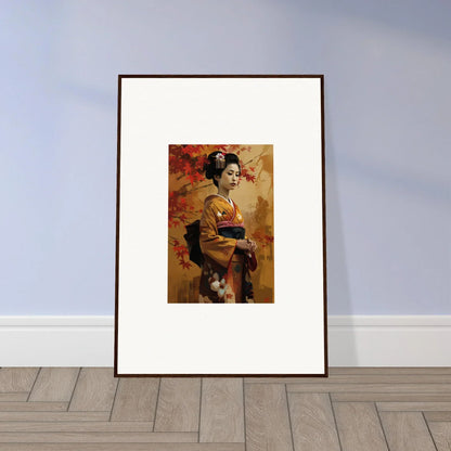 Framed Gingko Dreams Unfold art of a geisha in a kimono with autumn colors