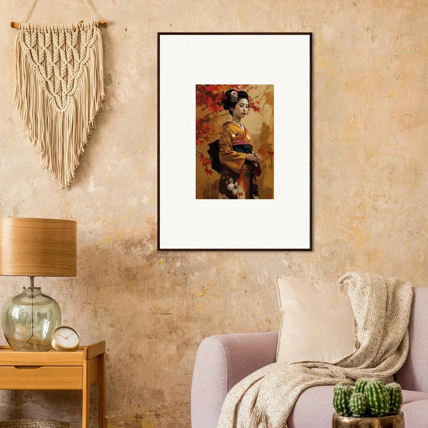 Framed artwork of a geisha in autumn colors, perfect for Gingko Dreams Unfold collection