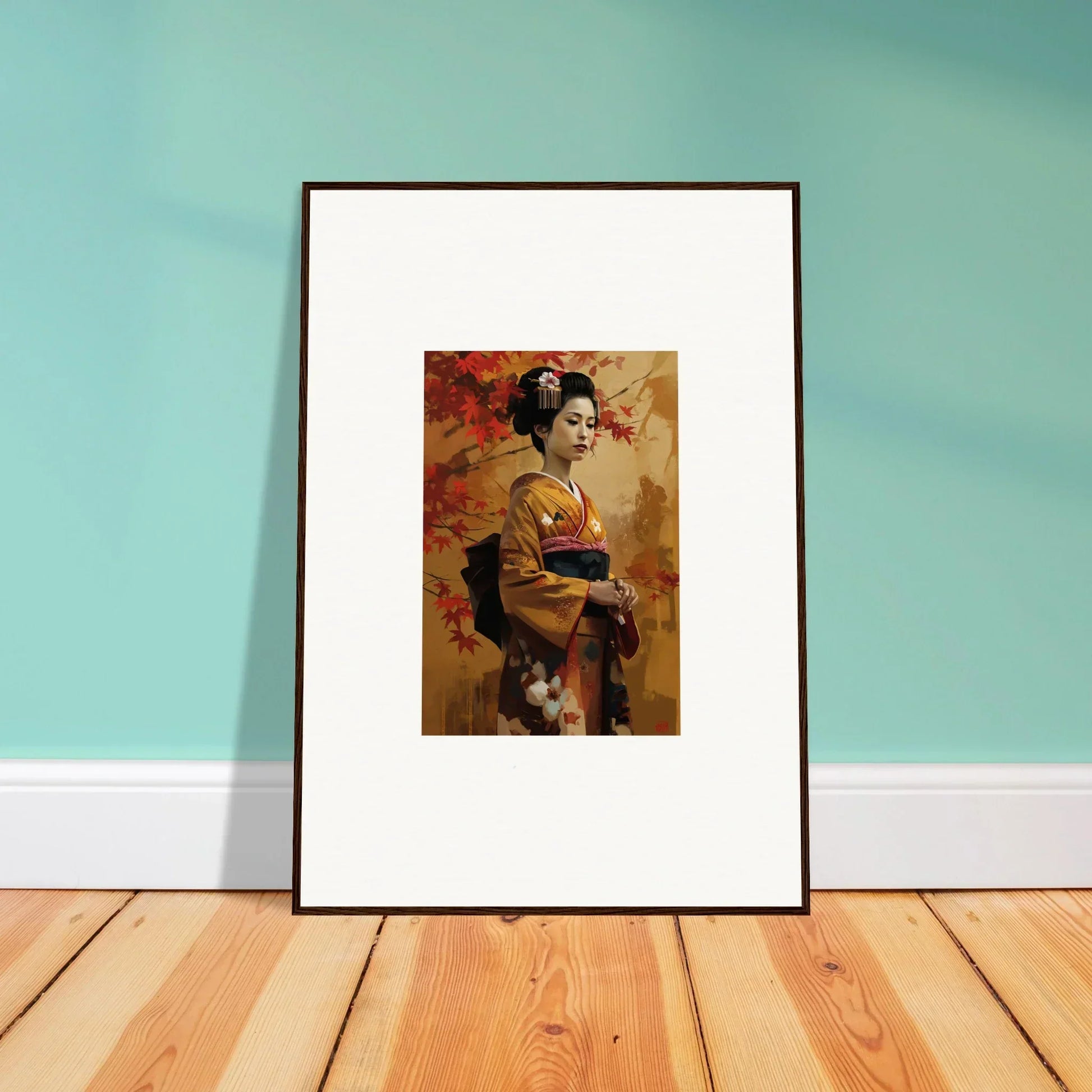 Framed Japanese geisha art in Autumn colors for Gingko Dreams Unfold premium wall art