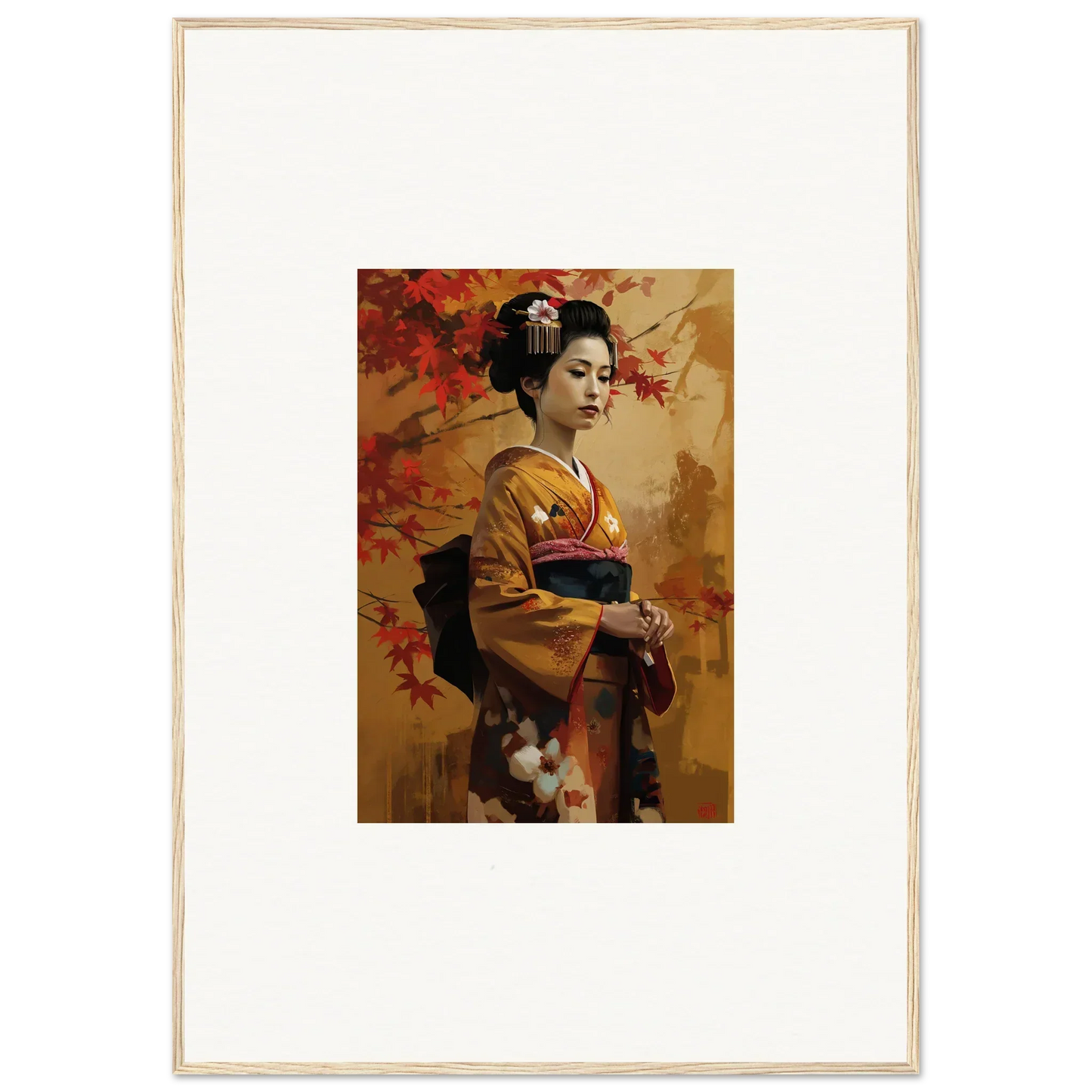 Traditional Japanese art of a figure in a golden kimono with autumn leaves for Gingko Dreams Unfold