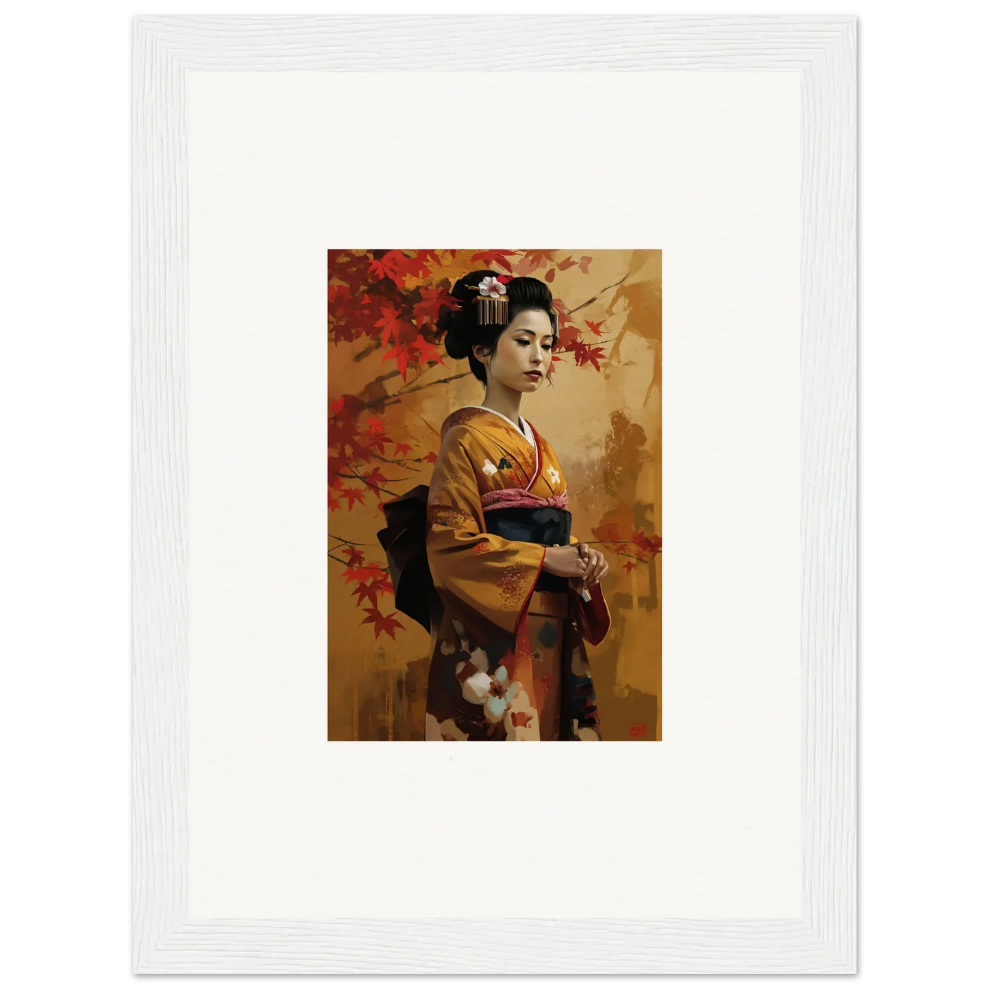 Traditional Japanese geisha in golden kimono, part of Gingko Dreams Unfold art