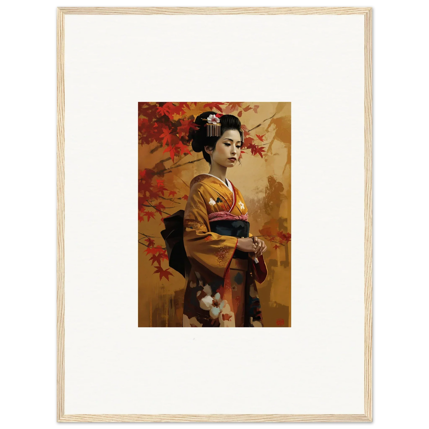 Framed Gingko Dreams Unfold artwork of a geisha in a yellow kimono with autumn leaves