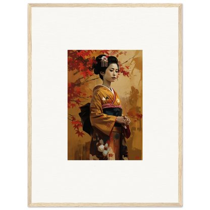 Framed Gingko Dreams Unfold artwork of a geisha in a yellow kimono with autumn leaves