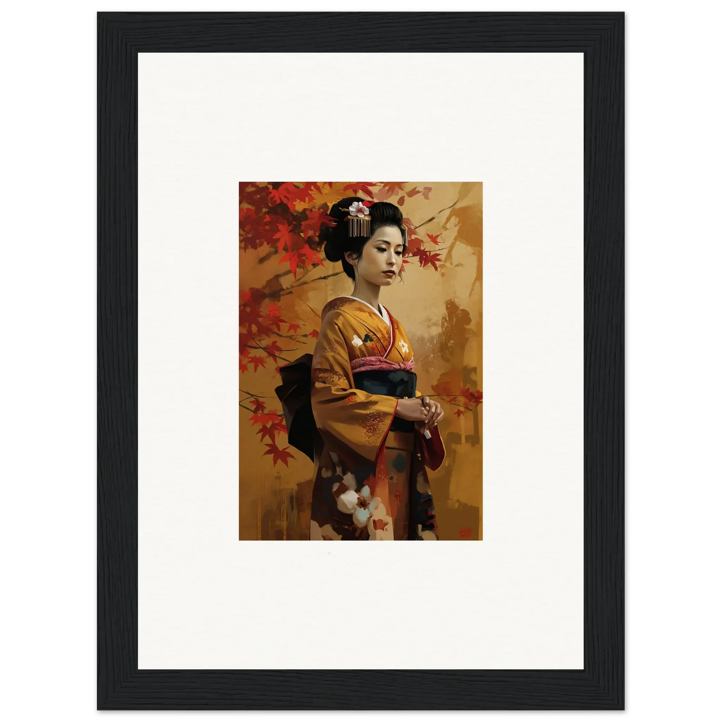 Framed premium wall art of a geisha in golden kimono and red maple leaves for Gingko Dreams Unfold