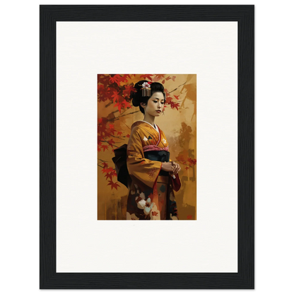 Framed premium wall art of a geisha in golden kimono and red maple leaves for Gingko Dreams Unfold