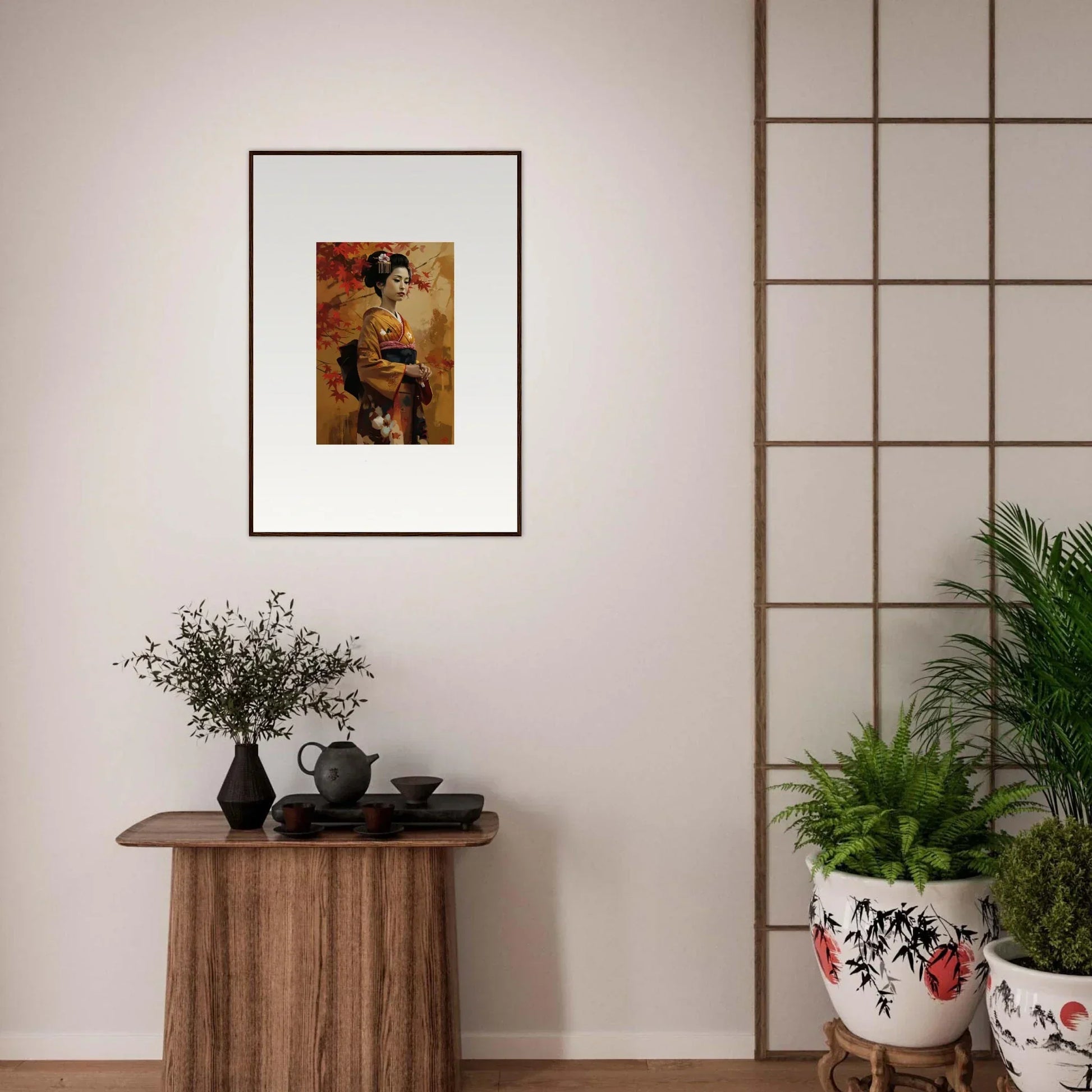 Framed Japanese Geisha art in warm tones from Gingko Dreams Unfold, special edition art™