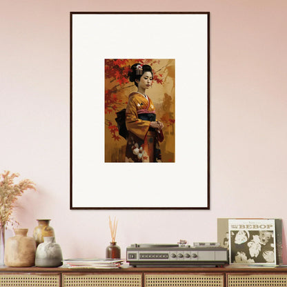 Framed artwork of a geisha in kimono on an autumn background from Gingko Dreams Unfold