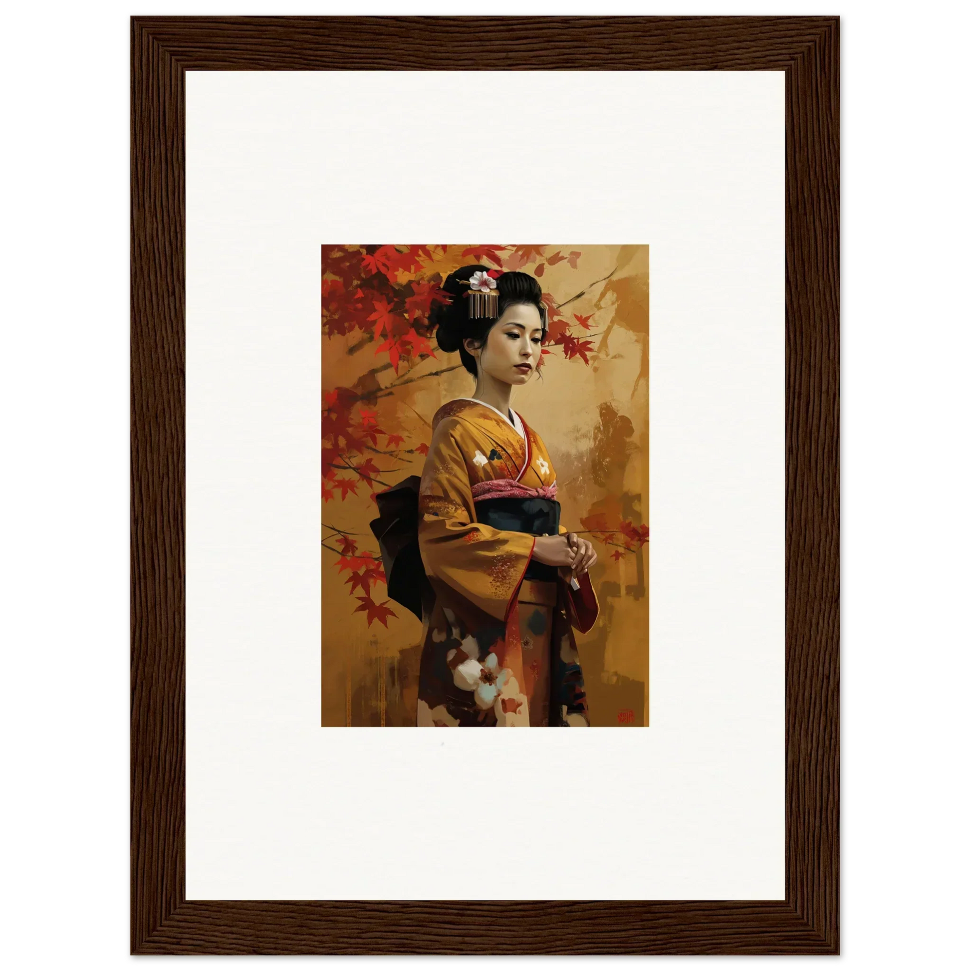 Framed artwork of a geisha in a golden kimono, Gingko Dreams Unfold special edition art™