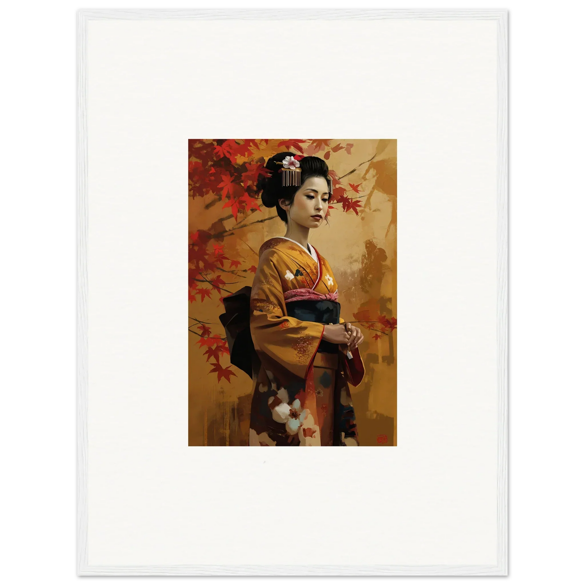 Traditional Japanese geisha in golden kimono with autumn leaves, Gingko Dreams Unfold