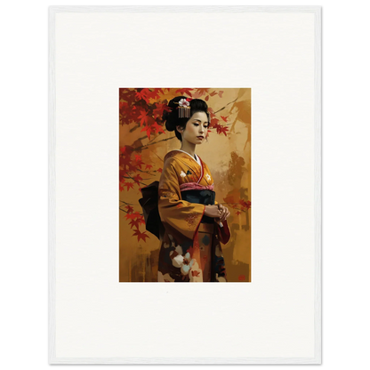 Traditional Japanese geisha in golden kimono with autumn leaves, Gingko Dreams Unfold