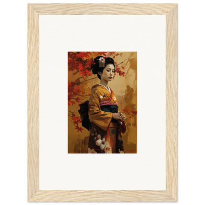 Framed wall art of a geisha in a golden kimono with autumn leaves from Gingko Dreams Unfold