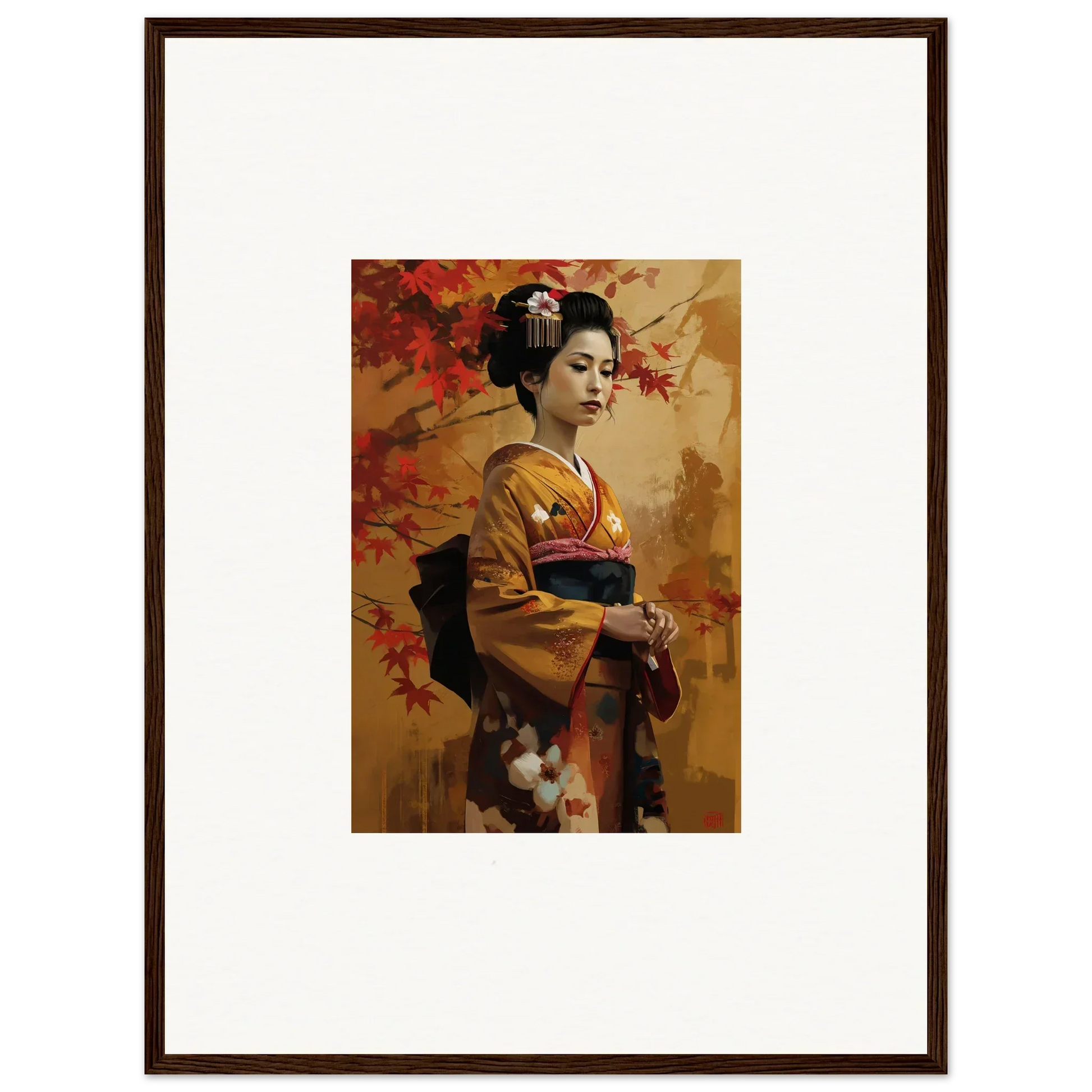 Framed premium wall art of a geisha in golden kimono with autumn leaves, Gingko Dreams Unfold