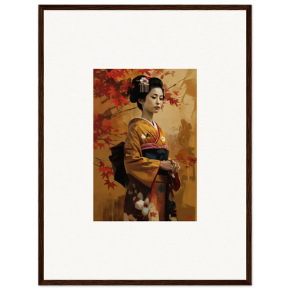 Framed premium wall art of a geisha in golden kimono with autumn leaves, Gingko Dreams Unfold