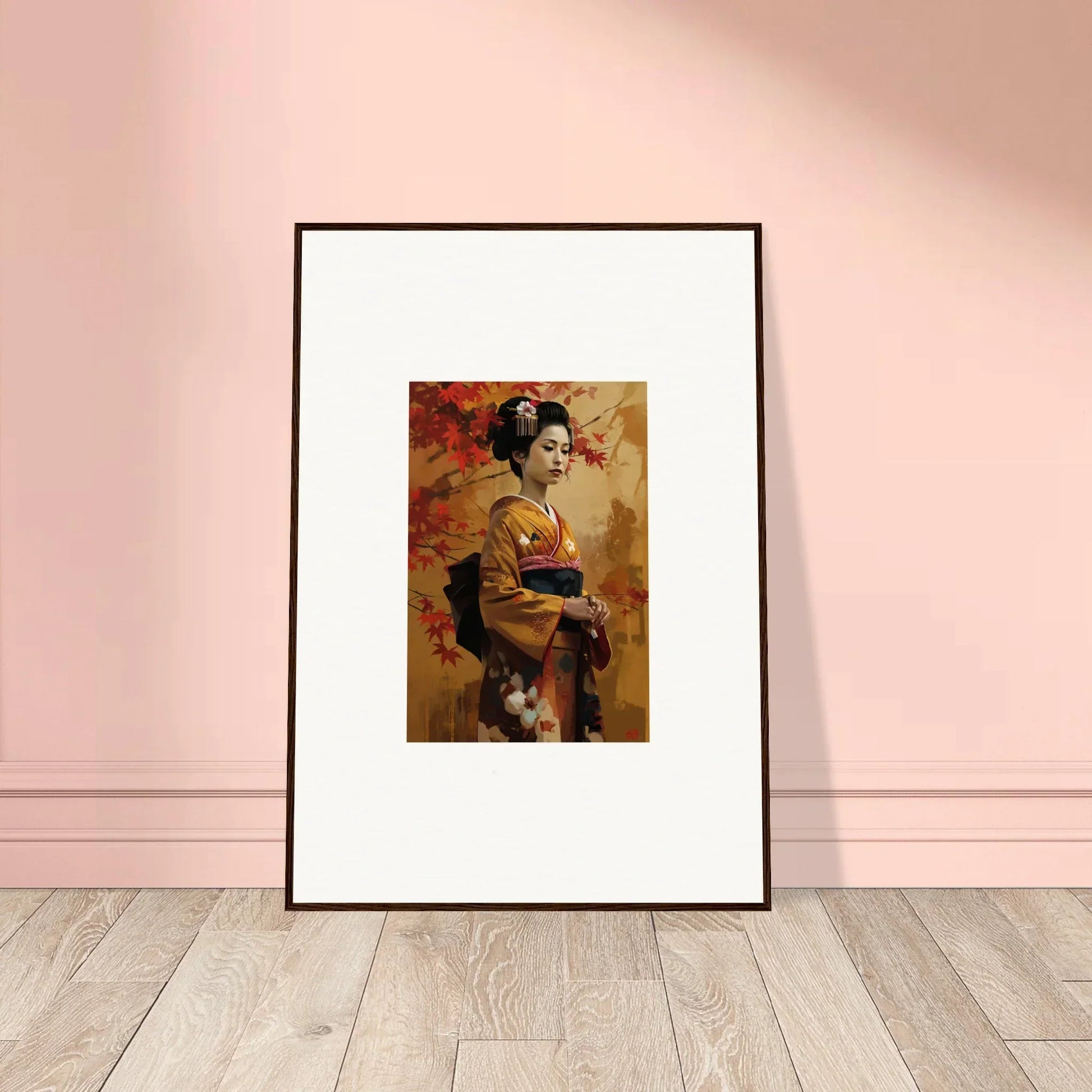 Framed artwork of a geisha in kimono, perfect for Gingko Dreams Unfold collection