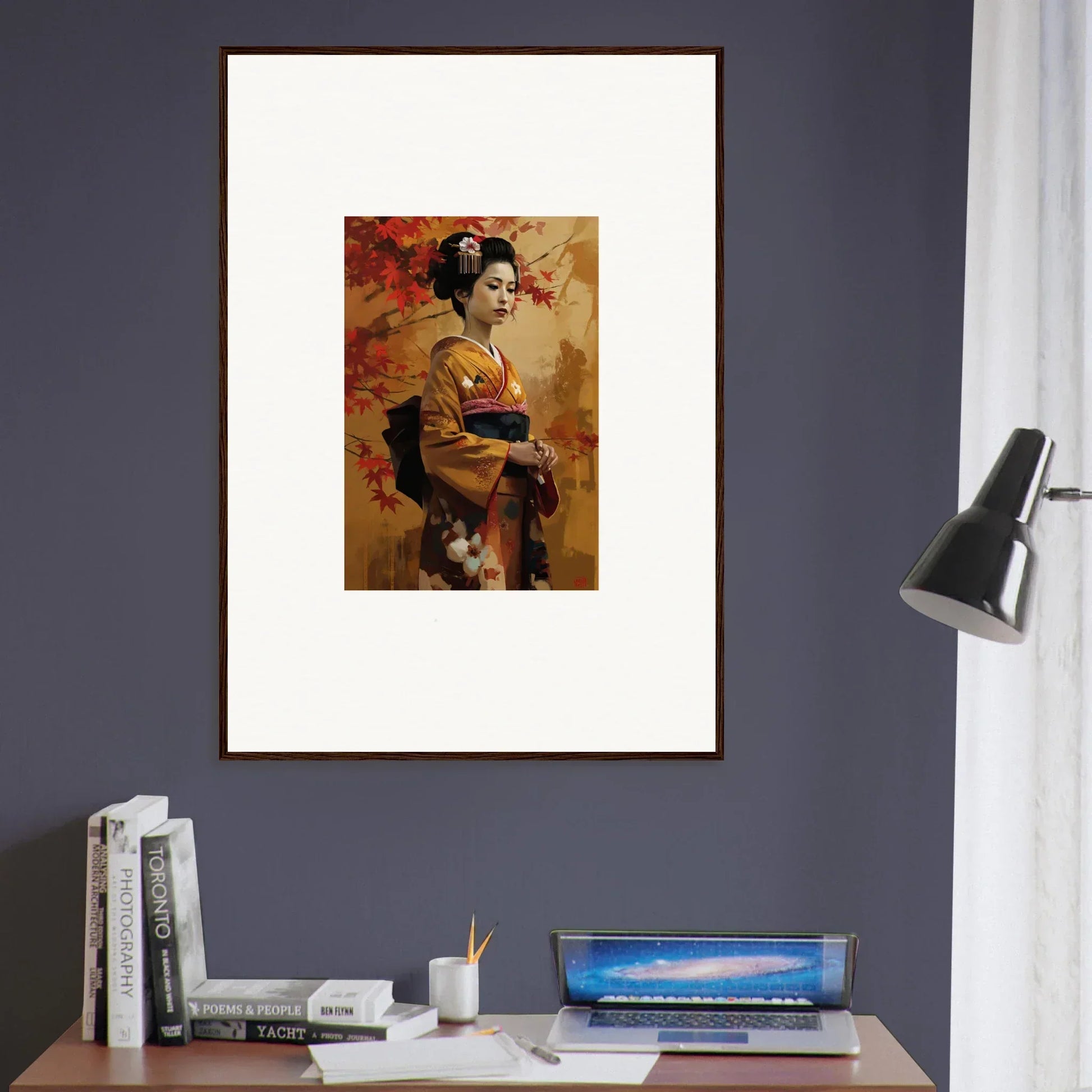 Framed Geisha artwork in kimono on an orange background, Gingko Dreams Unfold premium wall art