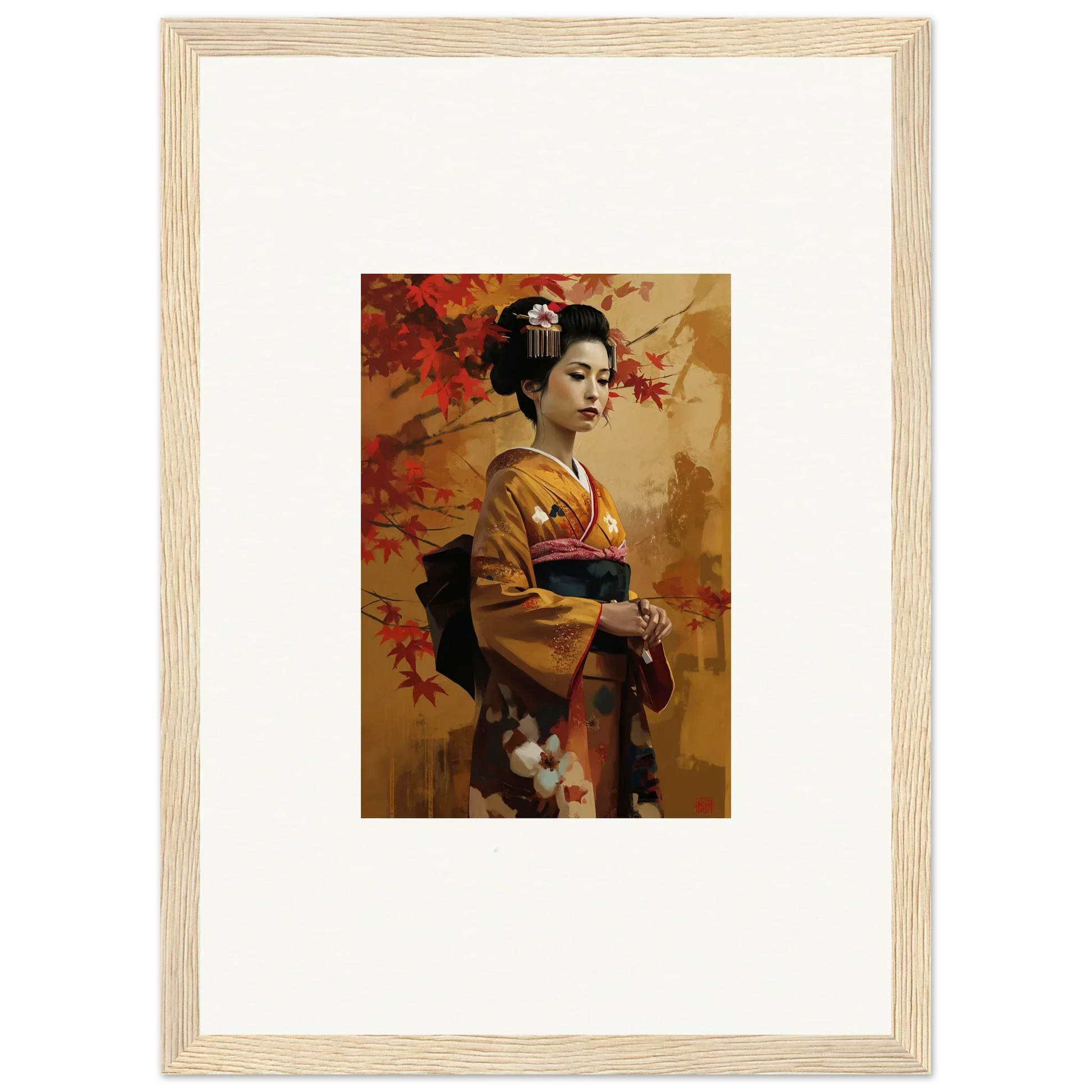 Framed premium wall art of a geisha in golden kimono with autumn leaves, Gingko Dreams Unfold