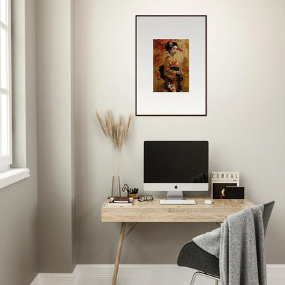 Simple wooden desk with an iMac in Gingko Dreams Unfold special edition art décor